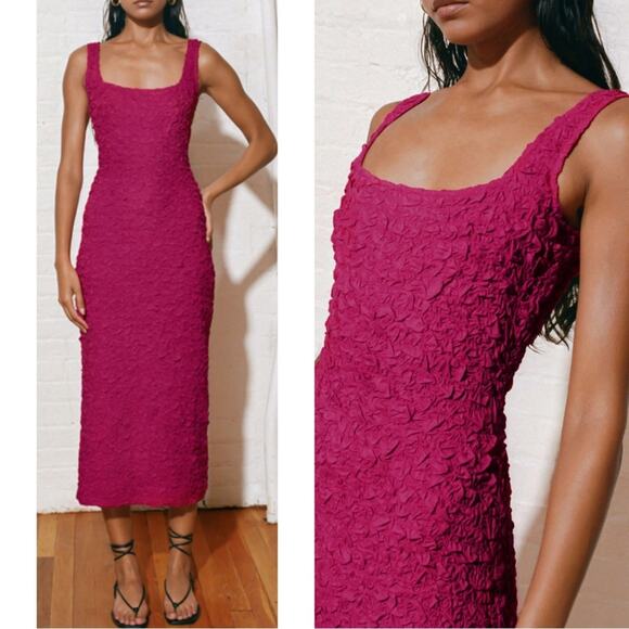 Mara Hoffman Sloan Popcorn Smocked Bodycon Berry Pink Midi Dress Size XXS - Picture 2 of 9